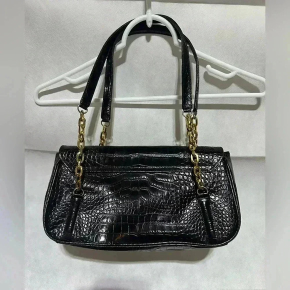 VTG Talbots 90’s Black Leather Crocodile Croc Embossed Handbag Gold Chain Y2K - Picture 2 of 5
